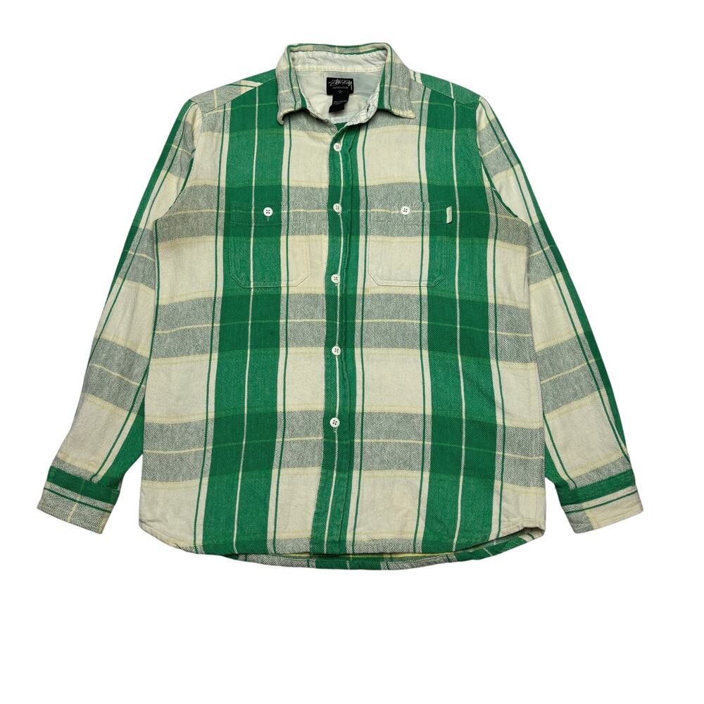 Stussy Green and Cream Plaid Button-Down Shirt